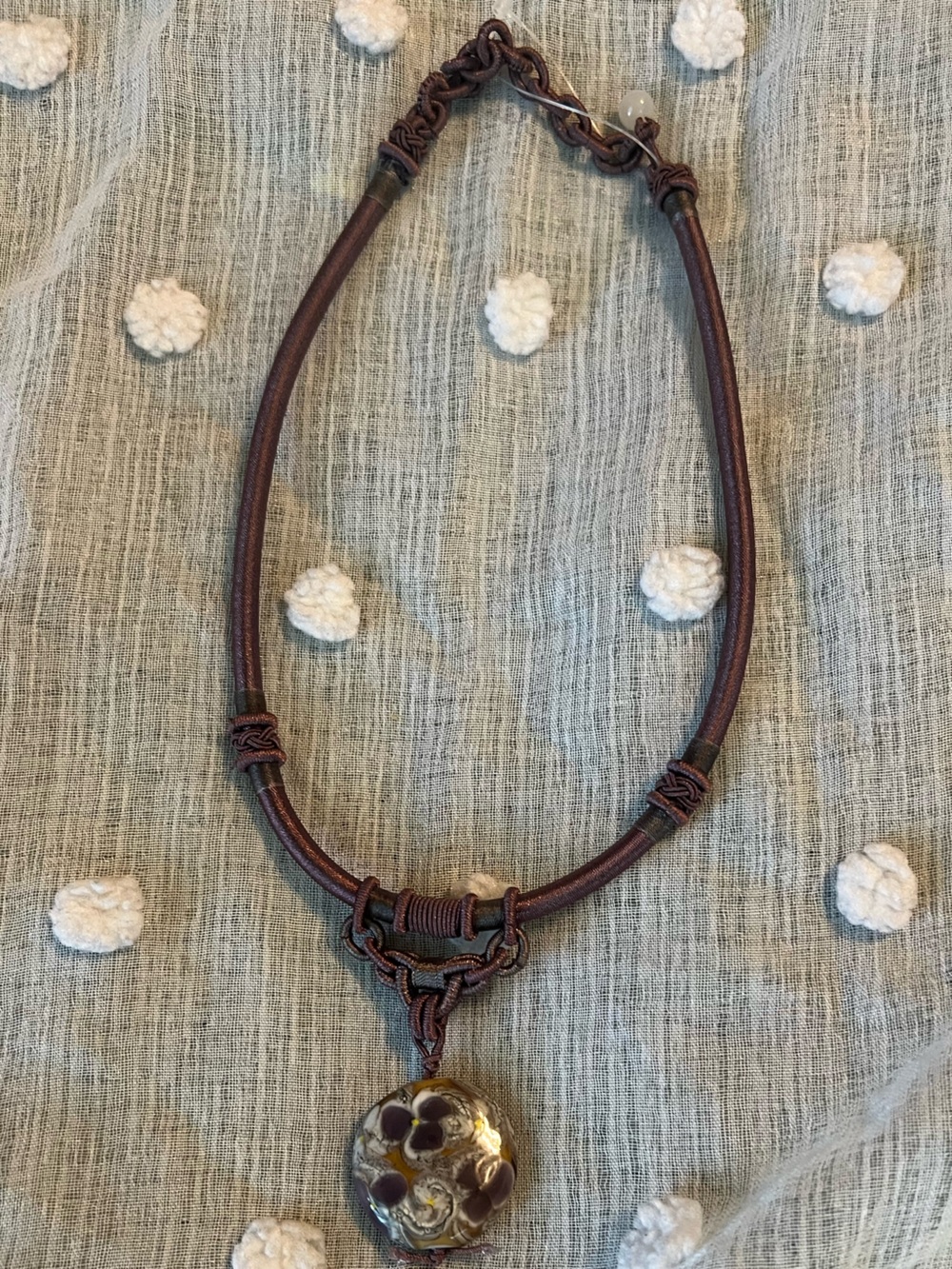 Bohemian lavender Leather Necklace with Glass Pendant